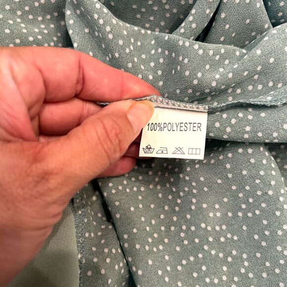 Sage Green Polka Dot Long Sleeve Ruffle Mini Dress Casual Flowy Swing Medium - Picture 9 of 10